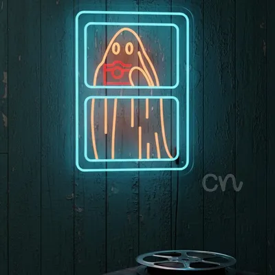 Ghost with Camera Neon Sign – 24x18 Spooky Cute Halloween LED Wall Light, Colorful Ghost Photographer Neon Artwork for Bar, Bedroom, Party, Haunted House, Photography Studio, Halloween Decoration