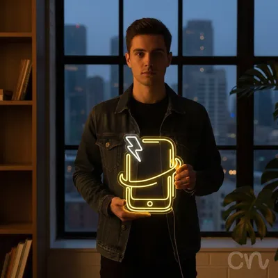 Custom Neon | Smartphone with Lightning Bolt Neon Sign | 24x20 Inches | Yellow