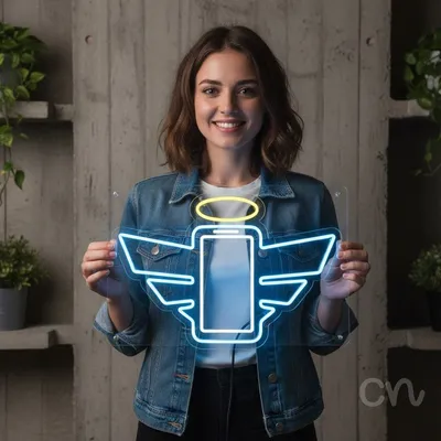 Custom Neon | Angel Phone Neon Sign | 17x24 | Blue and Yellow Neon Sign for Home Decor