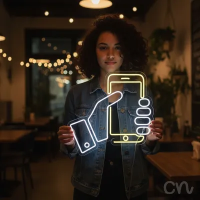Custom Neon | Hand Holding Phone Neon Sign | 23x24 Inches | Yellow Neon Sign