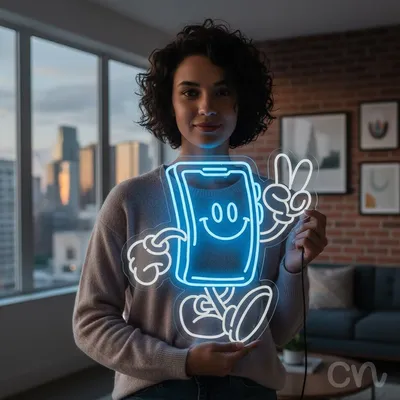 Custom Neon | Smiling Phone Neon Sign | 24x24 | Ice Blue