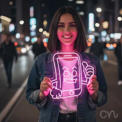Custom Neon | Smartphone with Thumbs Up Neon Sign | 27x26 | Neon Pink