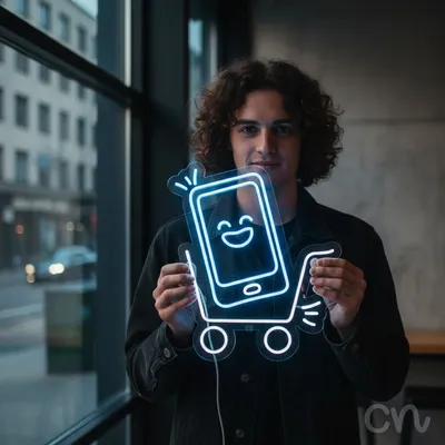 Custom Neon | Shopping Cart with Smiling Phone Neon Sign | 24x21 | Ice Blue