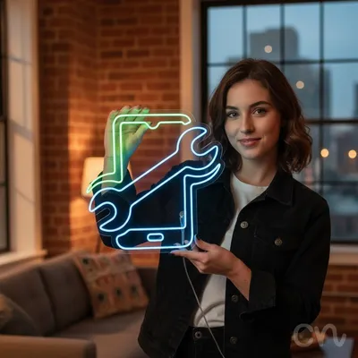 Custom Neon | Phone and Wrench Neon Sign | 24x25 | Green and Blue Neon Lights