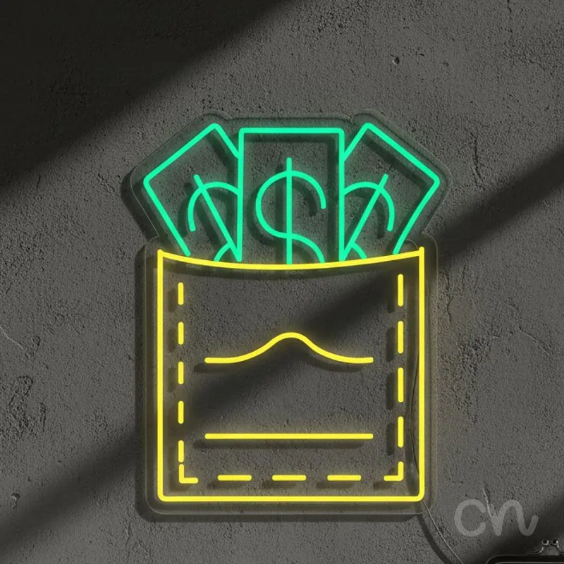 Custom Neon | Money in Pocket Neon Sign | 24x19 | Yellow and Green Neon Sign