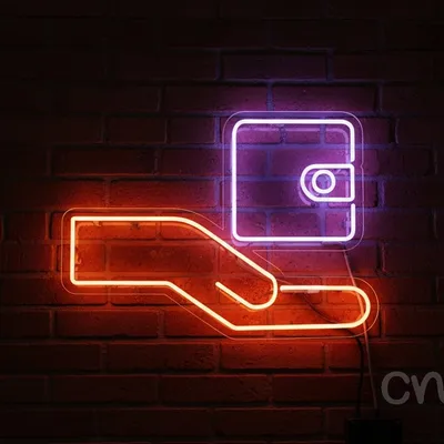 Custom Neon | Hand Holding Wallet Neon Sign | 19x26 | Orange Purple Bright Sign