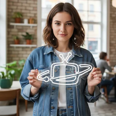 15x24 White Space TV Neon Sign – Retro Futuristic Television with Saturn Orbit Ring – Custom LED Neon Wall Light for Gaming Rooms, Bars, Man Caves, Streaming Studios & Sci-Fi Themed Decor