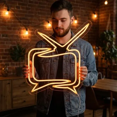 25x22 Orange TV Neon Sign with Speech Bubble – LED Wall Light for Bars, Cafes, Studios, and Social Spaces – Retro Television with Chat Design