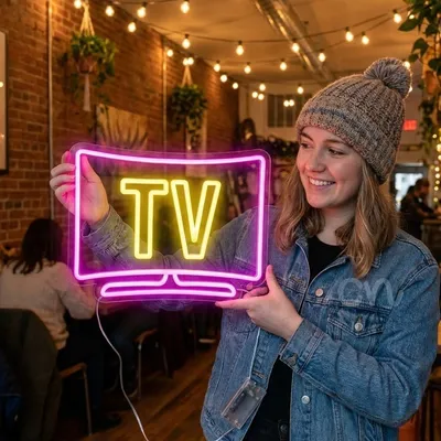 Modern TV Neon Sign 19x24 Inch Pink & Yellow LED Wall Light – Neon Television Design Wall Decor for Game Rooms, Bars, Dorms, Cafes, Studios & Home Theaters – Vibrant Neon Accent Lighting