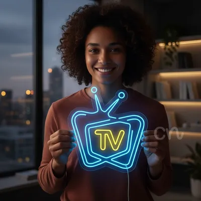 Retro TV Icon LED Neon Sign – 27x25 Inch Blue and Yellow Neon Light Wall Decor for Game Rooms, Studios, Bars, Restaurants, Streaming Rooms, and Media Lounges – Vintage Television Neon Sign