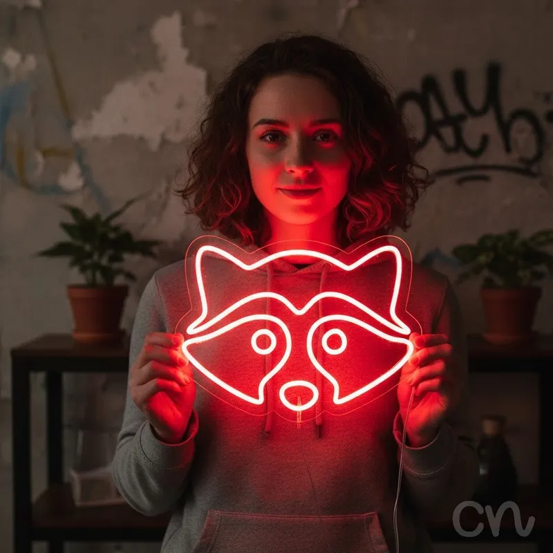 Custom Neon | Raccoon Face Neon Sign | 15x20 Inches | Red Color Bright Decor