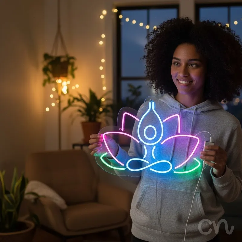 Custom Neon | Meditating Person in Lotus Neon Sign | 17x25 | Blue Pink Green