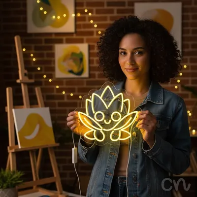 Custom Neon | Lotus with Face Neon Sign | 18x19 | Yellow Neon Sign for Home Decor