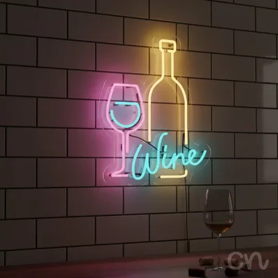 Custom Neon | Wine Neon Sign | 20x16 | Pink Yellow Blue Colors for Bar Home Decor