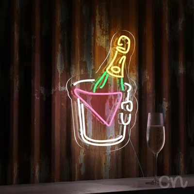 Custom Neon | Champagne Bottle in Bucket Neon Sign | 20x12 | Yellow Green Red White