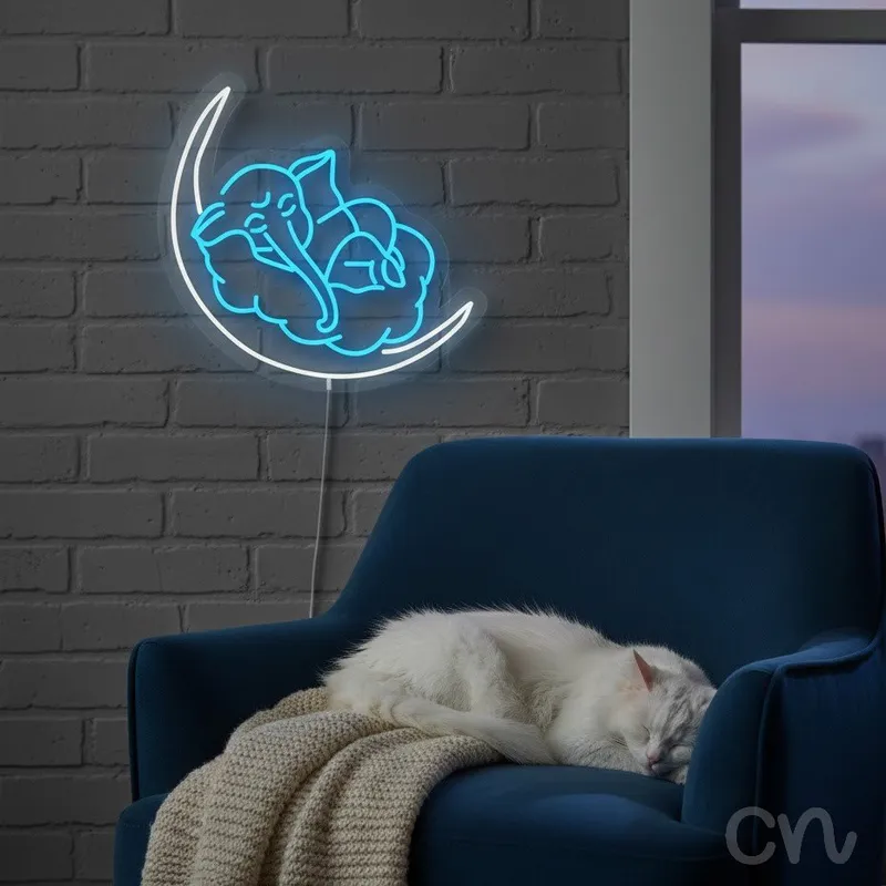 Custom Neon | Sleeping Elephant on Moon Neon Sign | 23x24 | Ice Blue