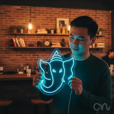 Custom Neon | Elephant Head Neon Sign | 24x19 | Ice Blue Neon Sign for Home Bar Decor