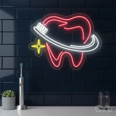 Custom Neon | Tooth with Toothbrush Neon Sign | 23x30 Inches | Pink White Yellow