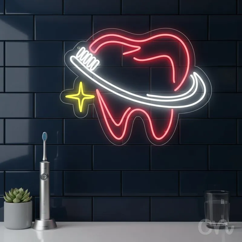 Custom Neon | Tooth with Toothbrush Neon Sign | 23x30 Inches | Pink White Yellow