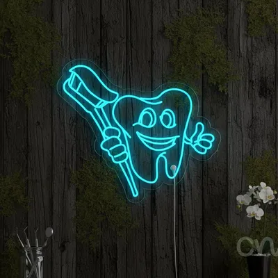 Custom Neon | Tooth with Toothbrush Neon Sign | 26x30 | Ice Blue