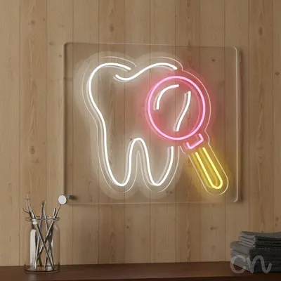 Custom Neon | Tooth with Magnifying Glass Neon Sign | 23x24 | Hot Pink, Warm White, Yellow