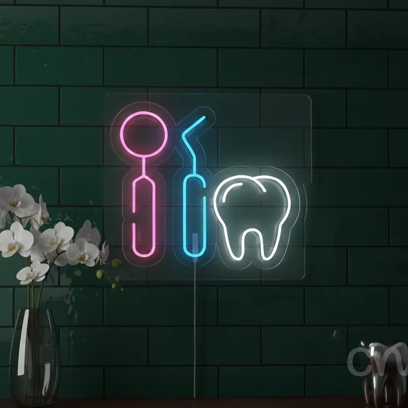Custom Neon | Dental Tools and Tooth Neon Sign | 21x24 | Pink and Blue