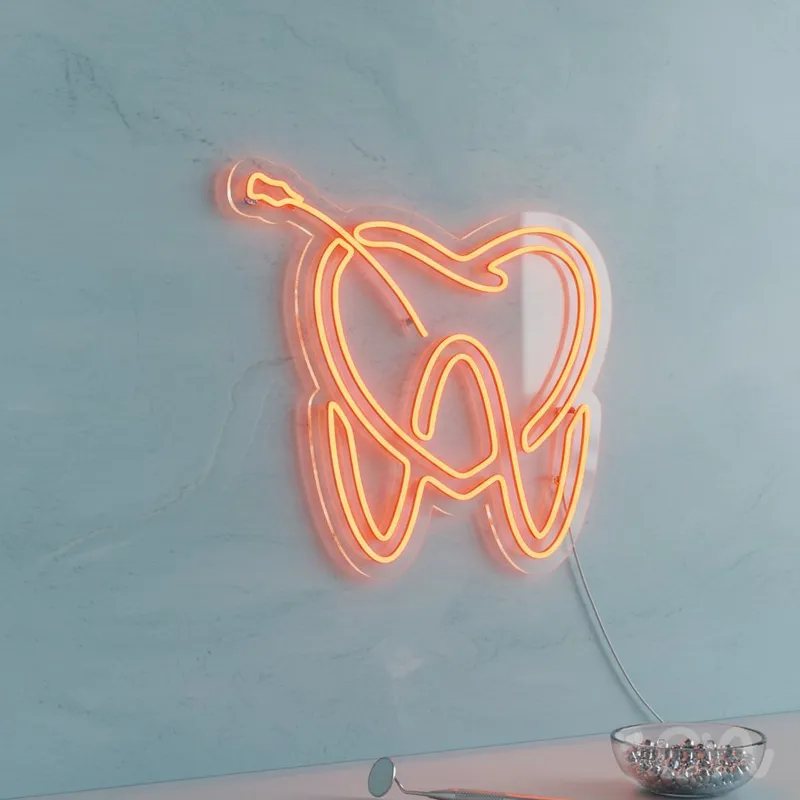 Custom Neon | Tooth with Toothbrush Neon Sign | 24x24 Inches | Orange