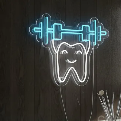 Custom Neon | Tooth with Barbell Neon Sign | 20x24 | Ice Blue