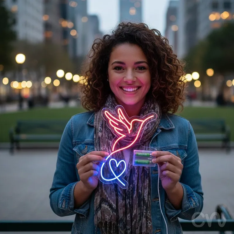 Custom Neon | Hummingbird and Heart Neon Sign | 24x17 Inches | Pink and Blue