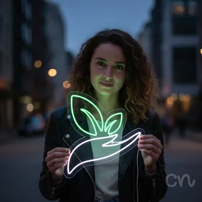 Custom Neon | Hand with Leaves Neon Sign | 24x22 | Green and White