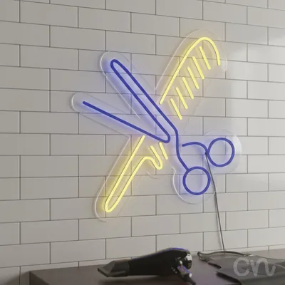 Custom Neon | Scissors and Comb Neon Sign | 24x22 Inches | Blue and Yellow Neon Sign