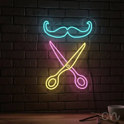 Custom Neon | Mustache and Scissors Neon Sign | 20x15 | Ice Blue, Hot Pink, Yellow