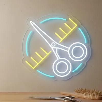 Custom Neon | Scissors and Comb Neon Sign | 19x20 | Yellow and Blue