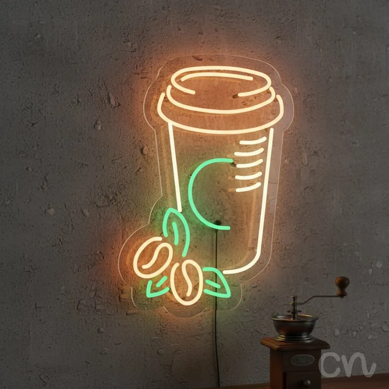 Custom Neon | Coffee Cup with Beans Neon Sign | 22x15 | Orange and Green