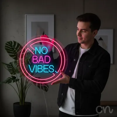 Custom Neon | No Bad Vibes Neon Sign | 20x20 | Blue Hot Pink Neon Sign