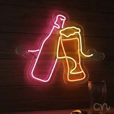 Custom Neon | Bottle and Glass Neon Sign | 20x24 | Pink, Yellow, Orange