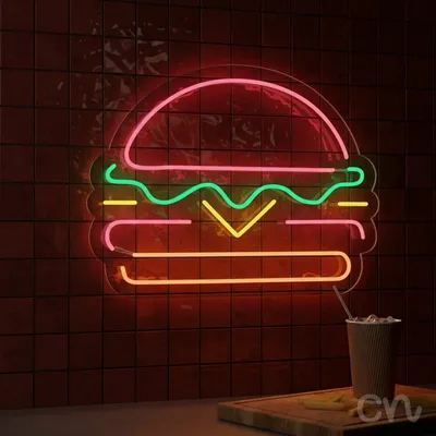 Custom Neon | Burger Neon Sign | 19x24 | Pink Green Yellow Orange Bright Lighting