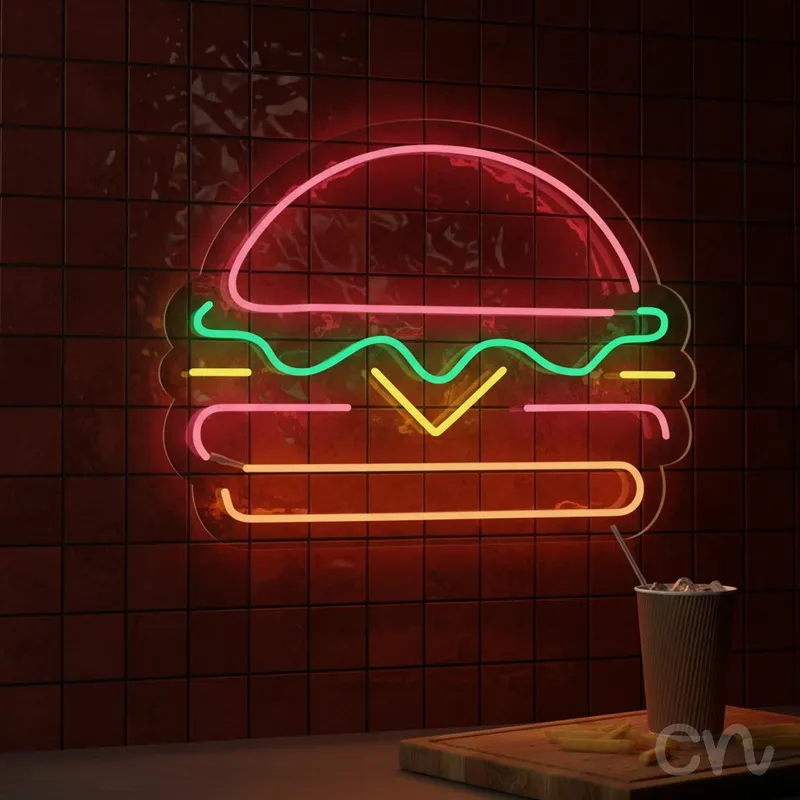 Custom Neon | Burger Neon Sign | 19x24 | Pink Green Yellow Orange Bright Lighting