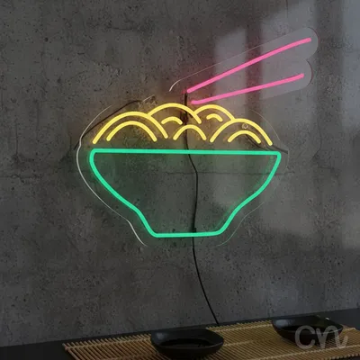 Custom Neon | Noodle Bowl with Chopsticks Neon Sign | 20x23 | Yellow Green Pink