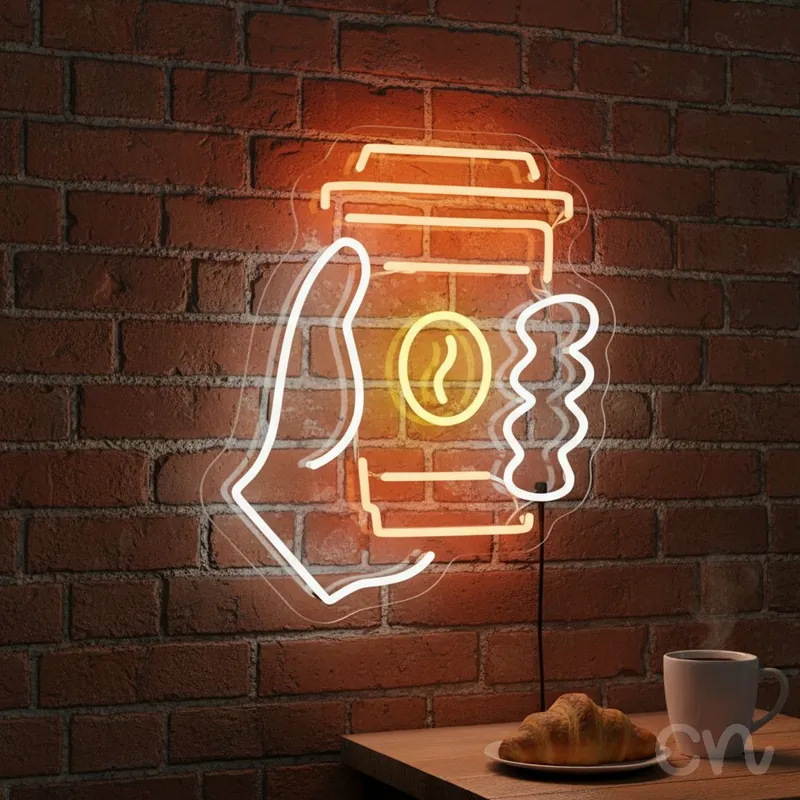 Custom Neon | Coffee Cup Design Neon Sign | 20x17 | Orange Yellow White