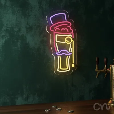 Custom Neon | Beer Glass with Top Hat and Monocle Neon Sign | 20x10 | Pink Yellow Purple