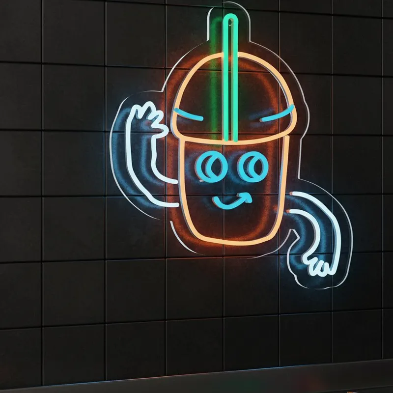 Custom Neon | Smiling Drink Cup Neon Sign | 20x17 | Orange, Blue, Green, White