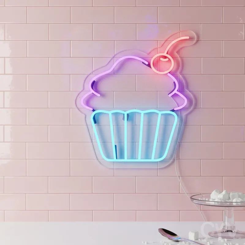 Custom Neon | Cupcake with Cherry Neon Sign | 20x18 | Pink Purple Blue