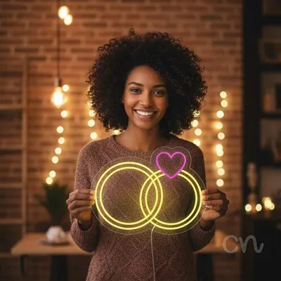 Custom Neon | Overlapping Rings with Heart Neon Sign | 17x22 | Yellow and Pink