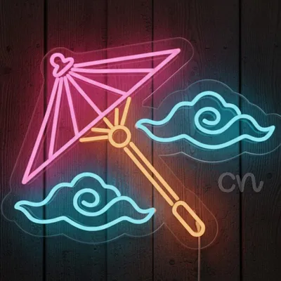 18x24 Umbrella & Clouds Neon Sign in Red, Blue & Orange LED – Whimsical Aesthetic Neon Light Wall Art for Bedroom, Lounge, Bar, Cafe, Kids’ Room & Event Decor – Playful LED Neon Wall Decoration