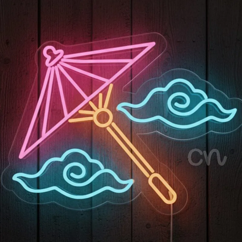 Custom Neon | Umbrella & Clouds Neon Sign in Red, Blue & Orange LED | 18x24