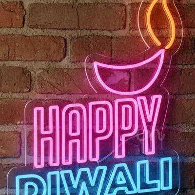 Custom Neon | Happy Diwali Neon Sign with Bold Text and Diya Flame Outline | Efficient LED Decorative Wall Light for Homes,Temples, Restaurants, and Festival Events | 18x24 inch | Pink Blue Orange