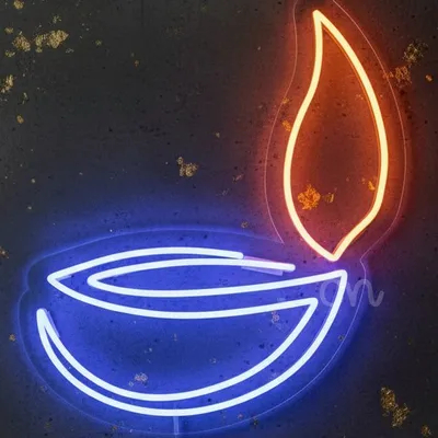 Custom Neon | Traditional Diya Neon Sign with Bright Flame and Elegant Outline | Efficient LED Decorative Wall Light for Homes, Temples, Restaurants, and Festival Events | 21x24 inch | Blue Orange