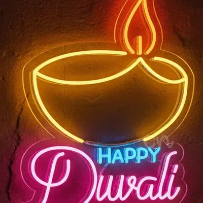 Custom Neon | Happy Diwali Neon Sign with Diya Lamp and Festive Script Design |Efficient LED Decorative Wall Light for Homes, Shops,Temples, and Cultural Events | 19x24 inch | Yellow Blue Pink