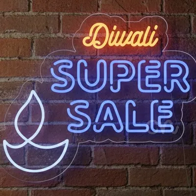 Custom Neon | Diwali Neon Sign with Diya Outline and Bold Festive Lettering | Efficient LED Decorative Wall Light for Shops, Malls, Retail Outlets, and Seasonal Promotions | 24x20 inch | Orange Blue